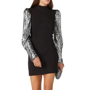 Nicole Miller Black Sequin Sleeve Mini Dress MEDIUM Long Sleeve Cocktail $395